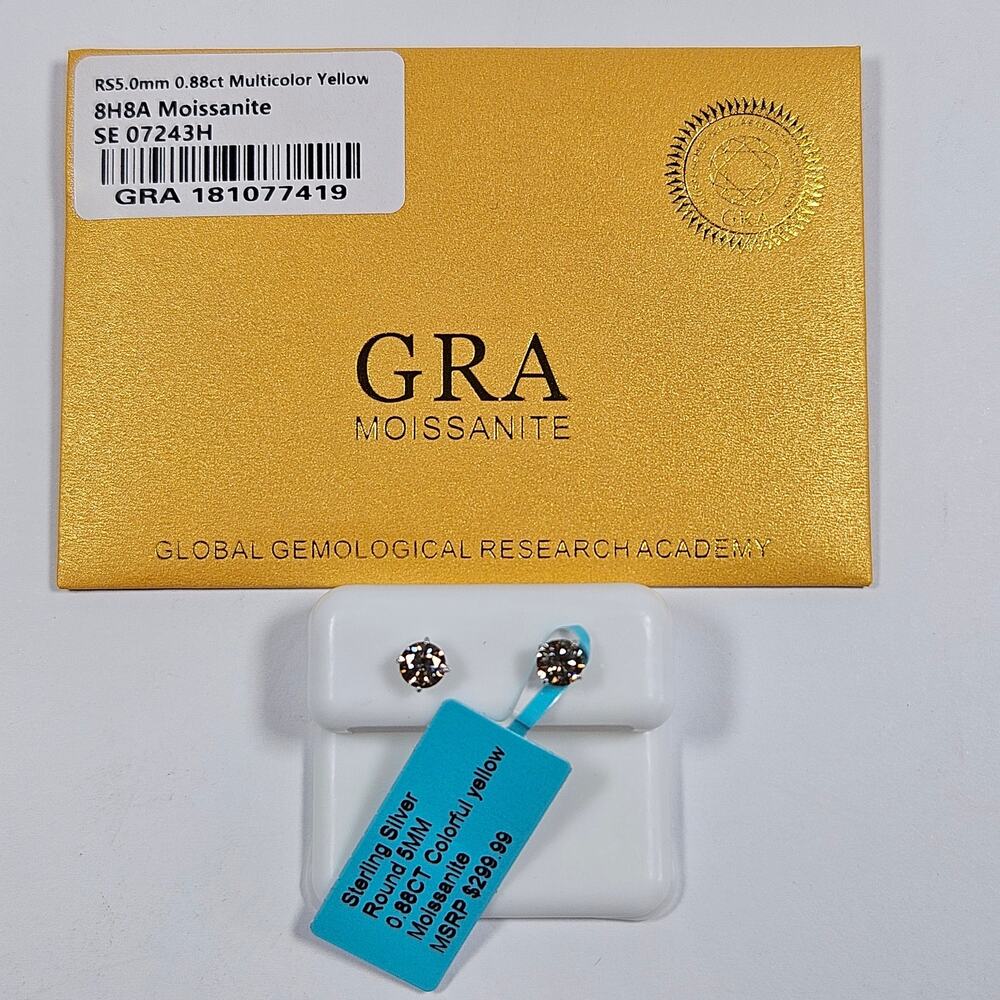 5mm Yellow Moissanite Stud Earrings Sterling Silver GRA Certified